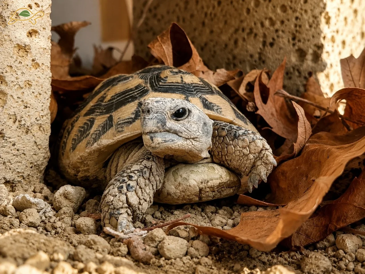 A close-up of a land tortoise among dry leaves and soil.